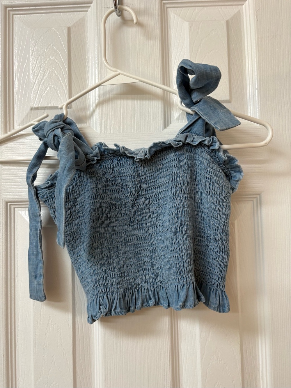 Smocked Tie-Strap Crop Top in Dusty Blue